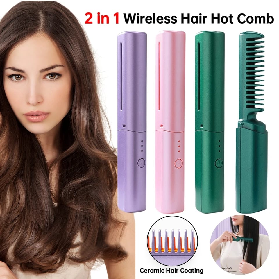 2-in-1 Wireless Professional Hair Straightener Curler Comb Fast Heating Negative Ion Straightening Curling Brush Styling Tools